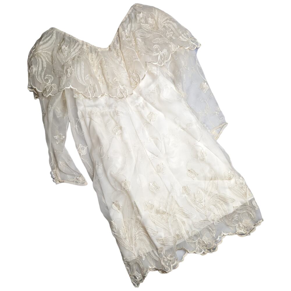Vtg 1980s Ivory Floral Embroidered Sheer Chiffon 2 Pc Knee Length Dress S 4